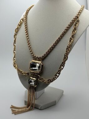 Gold Layered Necklace with Clear Crystal Pendants